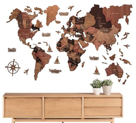 Lujoso Mapa del Mundo de Madera - Arte de Pared Llamativo y Rústico - Múltiples Capas para El Hogar, La Escuela, La Cafetería, El Apartamento