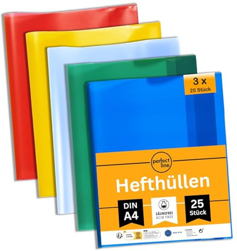 perfect line 75 Hefthüllen DIN-A4, 5 Farben, Heftumschlag transparent genarbt, Heftschoner aus recyclebarem PP, dokumentenecht (3 Sets á 25 Stk.)