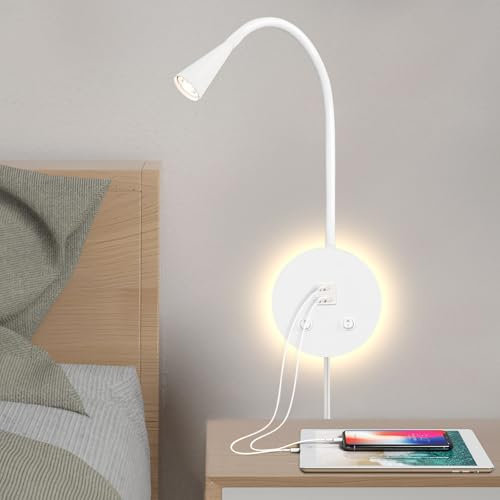 MOLUOLA LIGHTING LED Wandmontierte Leselampe, Flexibles Schwanenhals-Buchlicht zum Lesen im Bett, Wandleuchte mit USB + Type C Ausgang, Nachtlicht & Spotlight, Fokussierte Bettlampe (Weiß)