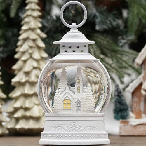Christmas Church Snow Globe, Musical Snow Globe Lantern with Swirling Glitter, White Christmas Tree Churches, USB & Battery Operated Illuminated Christmas Decorations Indoor for Home