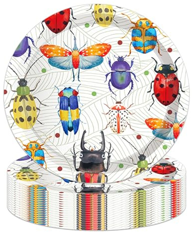 Jajajuegos 7 Bug Paper Plates Celebrate Party Tableware Round Bug Disposable Dinner Paper Plates Set Nature Insect Theme Party Paper Plates Birthday Baby Party Supplies(24 pcs)