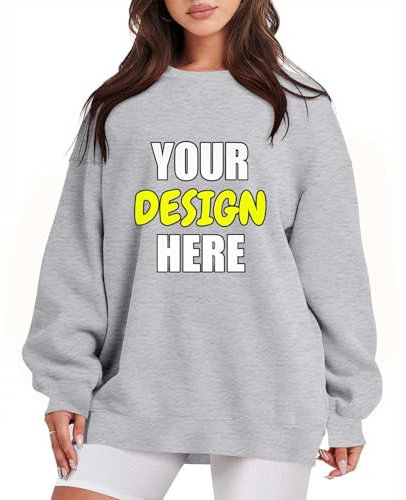 Personalised Sweatshirt Long Sleeve Crew Neck Pullover for Women Create Your Own Sweater Custom Jumper Printed Sweatshirt With Your Own Picture Add Your Text Photo Gray
