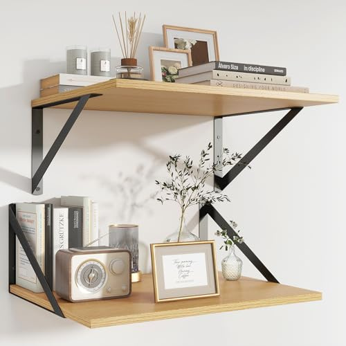 Feihorrm 2er Set Wandregal, Regal Wand 40 x 30 cm, Eiche Regal, Holzregal | Wandregal Holz mit Metallhalterung, Regale für Wohnzimmer, Badezimmer, Küche, Arbeitszimmer, Schlafzimmer
