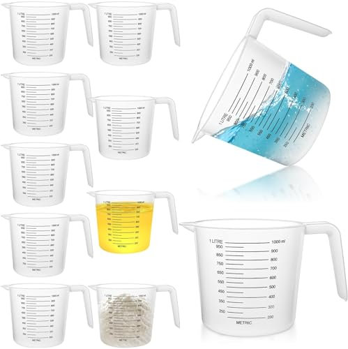 Akamino 10 PCS Plastic Measuring Jugs, 1 Litre Clear Plastic Measuring Cup with Handle for Kitchen, Reusable Measuring Jug with Measuring Scale & Easy Pour for Cooking Baking