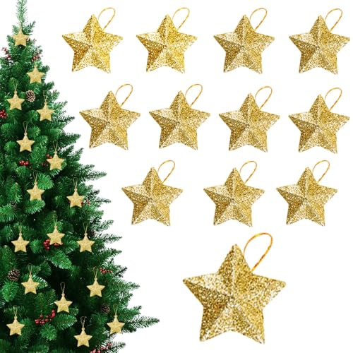 12 Stück Weihnachtsbaum Stern, Weihnachtsbaumschmuck Anhänger, 5cm Glitzer Sterne Christbaumanhänger, Christbaumschmuck, Weihnachtsstern für Weihnachtsdeko Bäume, Kamine, Fenster, Tischdeko (Golden)