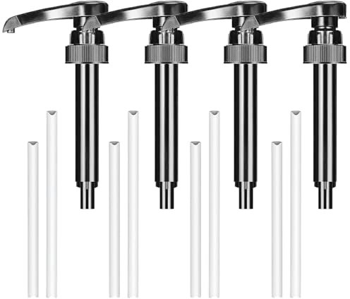 VIDSTW 4 Pièces Pompe Sirop Distributeur Sirop Pompe avec 4 Longue Paille et 4 Paille Courte Pompe a Sirop Réutilisable Distributeur Sirop Pompe Doseuse pour Maison, Café, Restaurant (Noir)