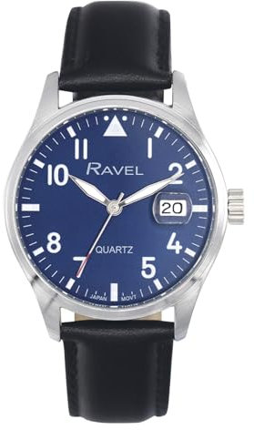 Ravel Plus - Runde 40-mm-3ATM-Kalenderuhr für Herren mit saphirbeschichtetem Glas und Sonnenschliff-Zifferblatt - Japanischer Analogquarz - RPD001M - Schwarz/Blaues Zifferblatt