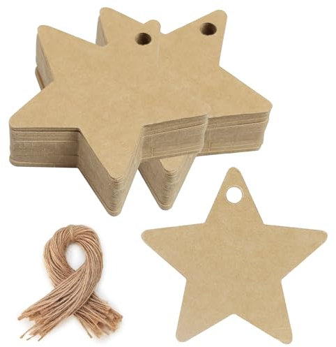 100 Pezzi Etichette Regalo in Carta Kraft, Etichetta a Forma di Stella a Cinque Punte 6x6 cm, Etichetta Kraft Marrone, Etichette Decorative con 100PCS di Spago di Iuta da 22cm, Etichette Cartoncino