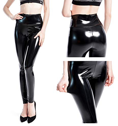 Damen Leggings Wetlook Leder Leggings in Lederoptik Latex Hose High Waist Sexy glänzend Wet Look & Mat voller Länge Leggings Karneval Space Kostüm