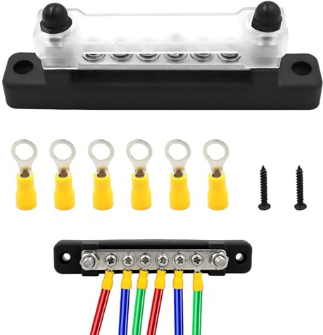 Barra bus da 12 V, morsettiera da 12 V-48 V, barra autobus nera 12 V, distribuzione delle morsettiere con viti, blocco di distribuzione dell'alimentazione con 6 morsettiere, adatto per auto, barca