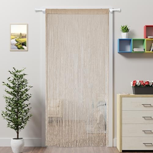 Ateasierlife Rideau de porte, moustiquaire, rideaux à ficelles, rideaux à perles, rideaux à pompons, séparateur de pièce, panneau de cuisine (champagne, 100 x 200 cm)