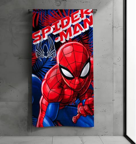 SUN CITY Spiderman Kinder Badetuch, Strandtuch, 100% Baumwolle, 140x70 cm, saugfähig, für Bad, Strand oder See (Blau-Rot)