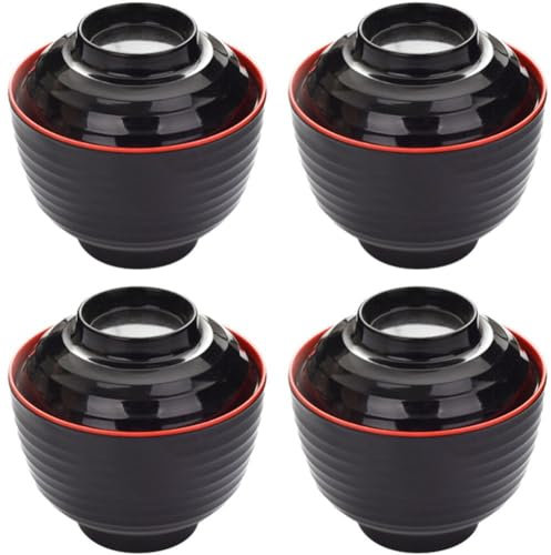 Ppmter 4 Pcs Miso Soup Bowl with Lid Japanese Rice Bowl Traditional Black and Red Bowl Ramen Bowl Japanese Style Dinnerware