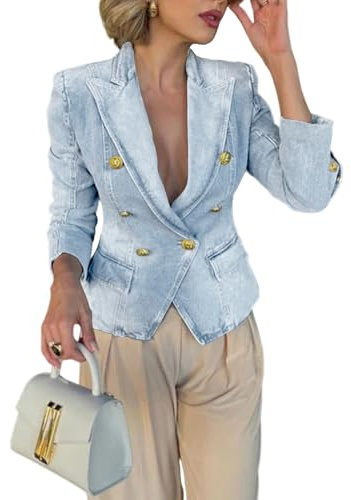 utcoco Women's Trendy Stretchy Slim Fit Denim Blazer Jackets for Business Casual (Small, Light Blue)