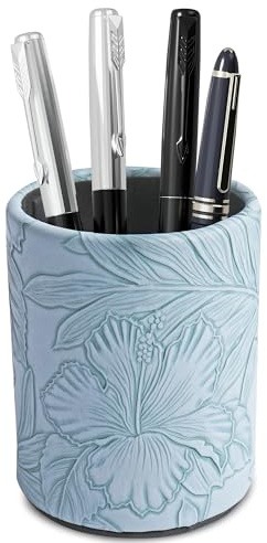 Czzmy Der runde Stifthalter aus PU-Leder eignet sich für Aufbewahrungsstifte, Make-up-Pinsel, Augenbrauenstifte und künstliche Desktop-Pflanzen(1-Schnitzt Blau)