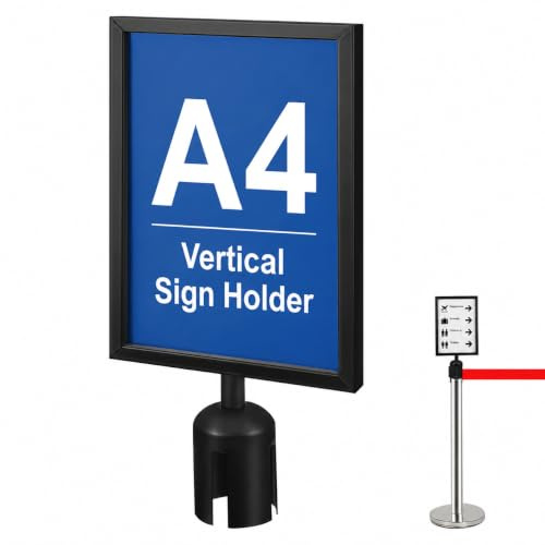 Hemobllo Vertical Stanchion Sign Holder with Retractable Belt Frame for Queue Barrier Airport Guidance Office and Event Signage Metal A4 Poster Stand Black
