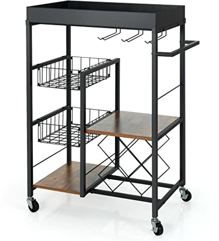 MOBYGKFY 4-Tier Kitchen Bar Cart Rolling Serving Trolley Wine Rack Removable Tray Basket