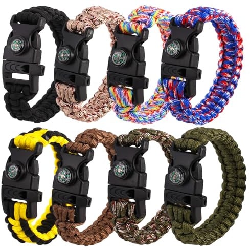 8 Pcs Paracord Survival Armbands, 3in1 Multifunktions Überlebens Set mit Schnalle, Outdoor Herren Kompass und Rettungs Schwimmerpfeife, Notfall Wild Camping Ausrüstung Kit für Wandern, Bushcraft