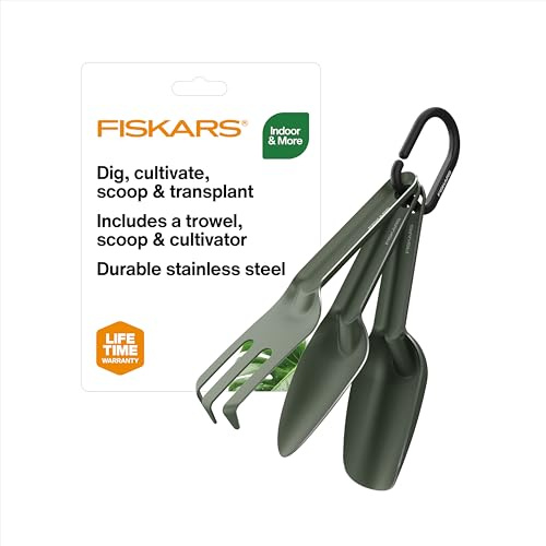 Fiskars 3-teiliges Anzuchtwerkzeug-Set, Edelstahl-Kelle, Schaufel und Kultivator mit platzsparendem Nesting-Design