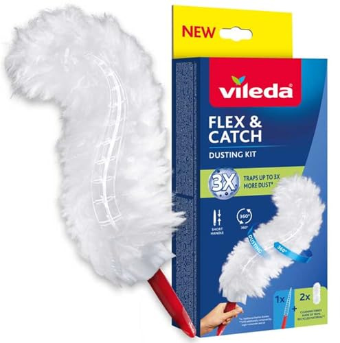 VILEDA FLEX & CATCH Attrezzo toglipolvere piumino con 2 ricambi, rimozione della polvere a 360°, manico fisso corto, piumino in morbida microfibra, cattura fino a 3 volte più la polvere
