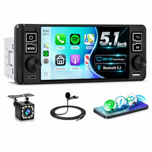 Single Din Car Stereo Radio with 5.1 inch HD In-Cell Touchscreen Wireless Carplay Android Auto, Hodozzy Single Din Car Radio with Bluetooth 5.0 EQ Mirrorlink FM SWC Backup Camera+USB/Type-C Ports