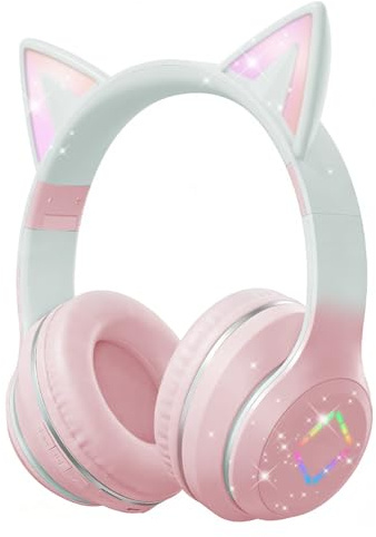 Caijin Cuffie Bluetooth Bambini, Orecchie di Gatto LED, Bluetooth 5.3 Stereo, Fascia Regolabile, Limite Volume 85dB, Pieghevoli, Modalità TF/Kabellato/Bluetooth, Compatibili con PC, Telefono, iPad