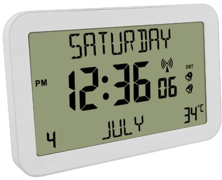 Radio-Controlled Digital Clock with Extra-Large Display, Twin Alarms, Day/Date/Temperature, Automatic UK Atomic Time Sync, Wall Mount or Free-Standing, White Frame, Backlight, 20 x 12.5 cm