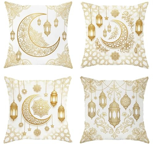 Halbmond-Kissenbezüge, 4er-Set, islamische traditionelle Laterne, Blumenmuster, Ramadan, Gold, weicher Samt, waschbar, Kissen für Wohnzimmer, Schlafzimmer, Loft, Büro, Auto-Dekoration, 40,6 x 40,6 cm