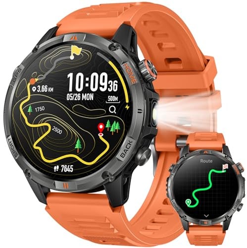 GPS Smartwatch Uomo Orologio con Chiamate: 1,46 Grande Schermo Tondo Militare Smart Watch Fitness Sport Bussola Torcia Cardiofrequenzimetro Pressione Sonno Impermeabile Salute Orologi per Android iOS