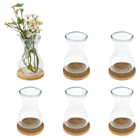 DICOSMETIC 6Sets Bulb Glass Vases Hyacinth Vase with Bamboo Coaster Clear Floral Centerpieces Small Bulb Plant Containers for Home Wedding Table Office Decor
