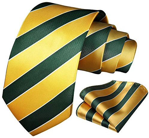 HISDERN Mariage raye Cravate Mouchoir La cravate des hommes & Carre de poche Set Vert jaune