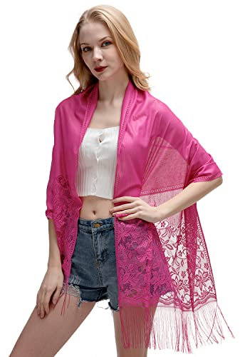 RIIQIICHY Stola Für Abendkleid Schal Stola Damen Festlich Umschlagtuch Umhang Rosa Spitzenschal Mit Fransen für Hochzeit Party Braut