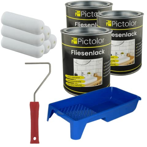 3x Pictolor Fliesenlack 0,75 Liter weiß + Farbwanne + Farbroller + 6x Walze