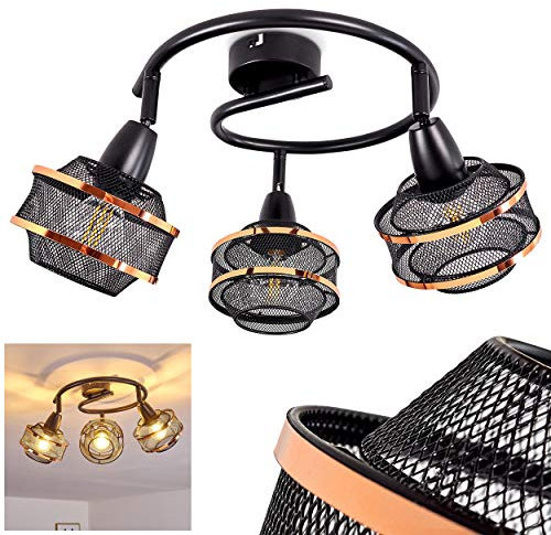 Deckenleuchte Limassol, moderne Deckenlampe aus Metall in Schwarz/Kupfer, 3-flammig mit verstellbaren Strahlern, 3 x E14-Fassung, runder Deckenspot in Gitter-Optik, ohne Leuchtmittel