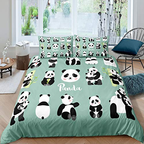 Tbrand Panda Bettbezug Set Nettes TierAufbringen Bettwäsche Set 135x200cm Für Kinder Karikatur Weiß Schwarz Panda Bär Bedruckte Betten Set Grün Bambus Dekor Reißverschluss