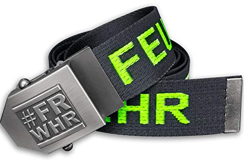 Feuerwehr-Gürtel | #FRWHR Emblem Flaschenöffner in Gürtel-Schnalle | Feuerwehr schwarz neongelb | universal verstellbar 150cm | Männer Herren Frauen Damen Kinder | Einsatz Koppel | Geschenk Freizeit