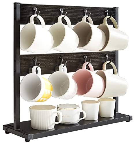 IBUYKE Support de Tasse à Café Rustique à 2 Niveaux avec Base de Rangement, Porte-tasses pour Cuisine, Peut Contenir 16 Tasses,pour comptoir de cuisine,pour cuisine, salle à manger, café, Noir TBJ001B