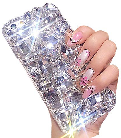 LCHDA Diamant Coque pour iPhone 13 6,1 Pouces, Brillant Mode Cristal Clair Strass Pleins 3D Bling Paillette Gemme Transparente Silicone TPU Antichoc Dure PC Housse Étui de Protection - Blanc