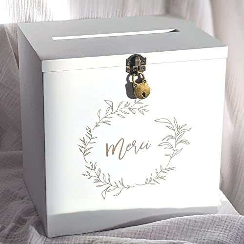Grande urne en Bois Blanche Merci avec Cadenas | 25 x 25 x 20 CM | Urne Mariage, PACS, Anniversaire, Baby-Shower, Bapteme, Communion, Retraite (...) - Cadeaux invités Mariage