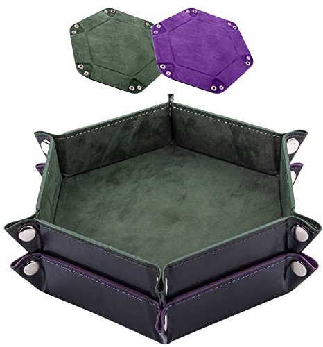 SIQUK 2 Stück Würfelbretter Doppelseitig Würfelbrett, Samt Faltbar Würfeltablett Hexagon Würfelteller Leder Würfelbretter für RPG DND Dragons Würfel Gaming (Dunkelgrün, Violett)
