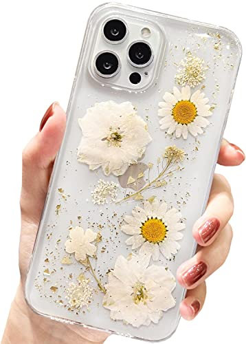 AMART für iPhone 12 Pro Max Blumen Hülle,Klare Echte Getrocknete Blumen HandyHülle Glitzer Durchsichtig Weich Silikon Frauen Mädchen Schutzhülle für iPhone 12 Pro Max 6,7 Zol(Goldene Blume)