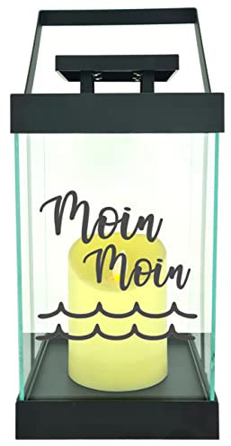 WB wohn trends Edle Glas-Laterne mit LED-Kerze, Moin Moin Welle maritim, Timer, 35cm hoch mit Bügel, 24,5x13x13cm, Batterie LED-Licht LED-Laterne LED-Lampe mit Text Spruch