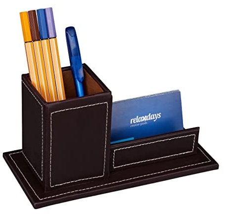 Relaxdays Schreibtisch Organizer mit Stiftebecher & Visitenkartenhalter, Kunstleder, HBT: 10,5 x 20 x 10 cm, braun
