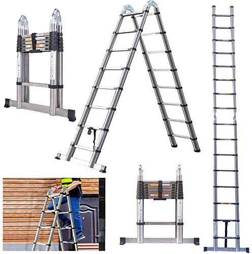 16.4ft Multi Purpose Ladder 16 Steps Telescoping Extendable Folding Portable Ladder 8.2ft+8.2ft Herringbone A-frame Ladder for Workshop House Garden Office, 330lb Load Capacity