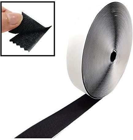 25 Metros/Belcro con Adhesivo - Doble Cara - Cinta de Cierre para Unir Cortinas, Alfombras, Telas, Mosquiteras, Cuadros, Adhesivo Fuerte, Hook and Loop, (Gancho y Felpa- 25mm- Negro)