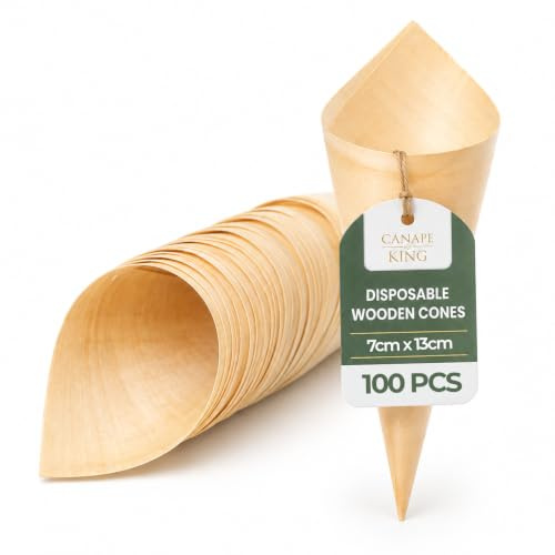 Disposable Wooden Serving Cones 100 Pcs |100% Biodegradable Ice Cream Snacks BBQ Holder (7cm Diameter x 13cm Depth) | Suitable for Christmas Weddings Parties Food Takeaway