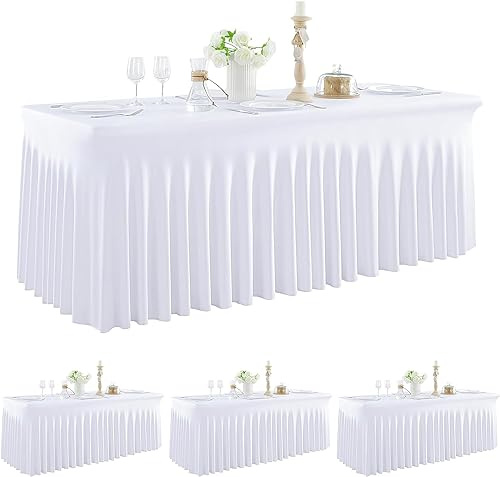 NSSONBEN 4-Pack Weiß Spandex Tischdecke für 180cm Rechteck Tische, Faltenfreie Stretch Tischdecke mit Rock für Bankett Party Hochzeit Geburtstag Meeting Display Dekoration Tischdecken