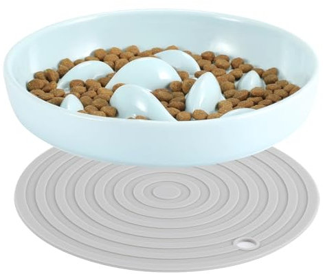 HAPPY HACHI Gamelle Anti Glouton Chat Céramique avec Tapis Antidérapante, Bol pour Chat Petit Chien Anti Glouton Gamelle Nourriture Manger Lent Réduit Le Vomissements et Ballonnement(Vert)