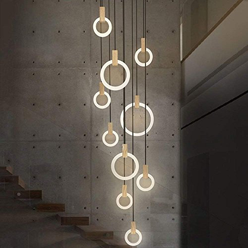 ZMH LED Pendelleuchte Hängelampe Treppenhaus - Kronleuchter Esstisch Hängeleuchte 68W 10 Ring Pendellampe Treppenleuchte aus Holz und Acryl Höheverstellbar für Wohnzimmer Schlafzimmer Hotel Restaurant