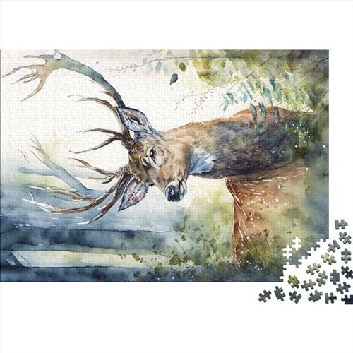 Hirsch-Aquarell-Wald-Puzzle, 1000 Teile Puzzle Für Erwachsene, Kinder, Puzzle-Sets Für Familien-Lernspiel (Größe 75X50cm)